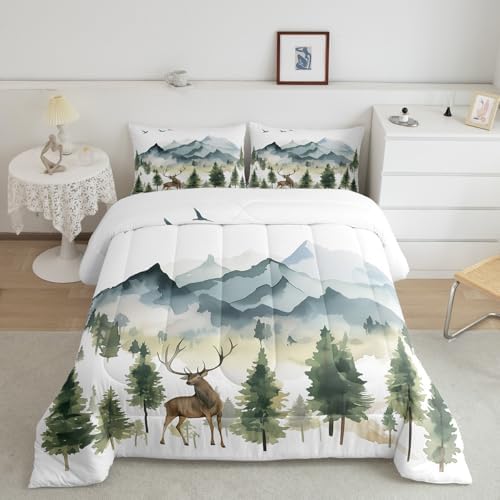 Feelyou Deer Moose Print Comforter Set Full Girls Teens Adult, Kids Boys Watercolor Hunting Deer Bedding Set, 3D Woodland Wild Animal Comforter Soft Quilt Set,Blue with 1 Pillowcase 2Pcs Bedding