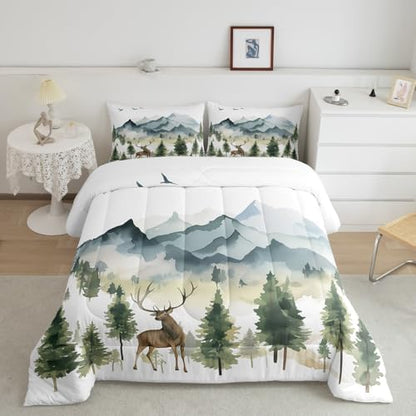 Feelyou Deer Moose Print Comforter Set Queen Girls Teens Adult, Kids Boys Watercolor Hunting Deer Bedding Set, 3D Woodland Wild Animal Comforter Soft Quilt Set,Blue with 1 Pillowcase 2Pcs Bedding