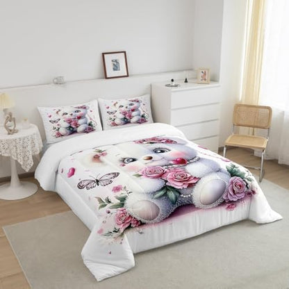 Feelyou Kids Cute Bear Comforter Set Queen Size Pink Rose Butterfly Love Heart Bedding Set Boys Girls Flowers Floral Quilt Set Cartoon Kawaii Animal Pattern Bed Set