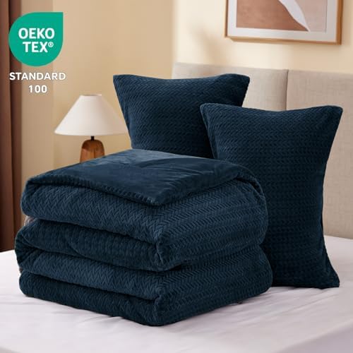 ChiXpace Fleece Twin Size Comforter Set Navy, Fluffy Bed Set 2 Pieces
