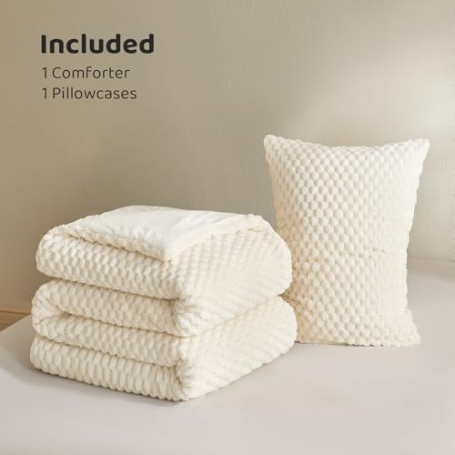 Petrichor Fluffy Twin Comforter Set - Ultra-Soft Cream White Flannel Thick Comforter for Queen Bed, Luxury Warm Bedding Set for Winter & Fall, Cozy Fuzzy Bed Set 2 Pieces (1 Comforter & 1 Pillowcase)