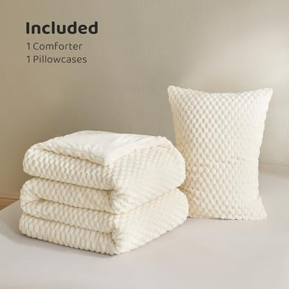 Petrichor Fluffy Twin Comforter Set - Ultra-Soft Cream White Flannel Thick Comforter for Queen Bed, Luxury Warm Bedding Set for Winter & Fall, Cozy Fuzzy Bed Set 2 Pieces (1 Comforter & 1 Pillowcase)