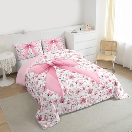 jejeloiu Girls Pink Bow Comforter Set Queen Size Bow Bedding Set for Kids Boys Girls Cute Bowknot Duvet Quilt Bedroom Decor Microfiber 3 Pcs with 2 Pillow Cases