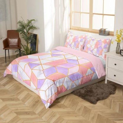 Plaid Comforter Cover Adult Women Geometric Grids Print Bedding Set King Size Pink Grey Tie Dye Graffiti Style Duvet Cover Checkered Home Bedroom Decor Modern Simple Soft Reversible Bedding Collection