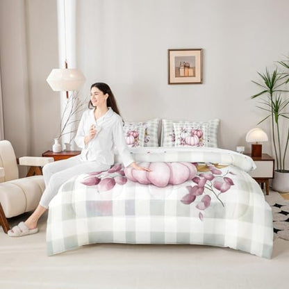 Erosebridal Fall Pumpkin 7 Piece Bedding Set Twin Thanksgiving Comforter Set with Sheets Autumn Buffalo Plaid Bed in a Bag Pink Leaves Bed Sets Comforter