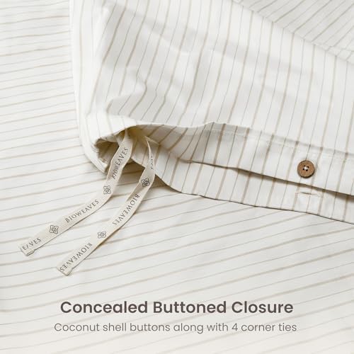 BIOWEAVES 100% Organic Cotton King Duvet Cover Set, 3-Piece, 300 TC Sateen Weave GOTS Certified Comforter Cover with Buttoned Closure and 2 Pillow Shams – Natural/Biscotti Stripes, 104x90 inches