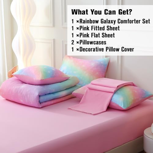 JQinHome Glitter Bedding Set Twin Size,6 Piece Bed in A Bag 3D Colorful Rainbow Galaxy Comforter Set for Girls Kids-All Season Microfiber Tie-Dye Bedding Sets(Rainbow)