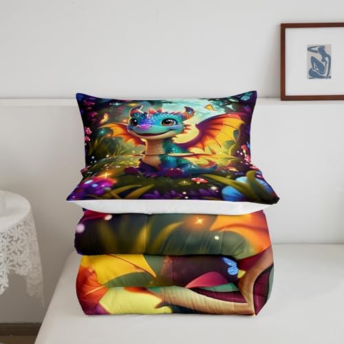 Castle Fairy Cartoon Dragon Bedding Set Twin Size Polka Dot Mushroom Comforter Set for Kids Teens Room Decor Cute Western Dragon Duvet Insert Fantasy Jungle Butterfly Down Comforter Set,2Pcs