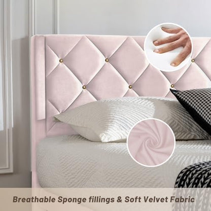 Queen Size Platform Bed Frame with Velvet Headboard