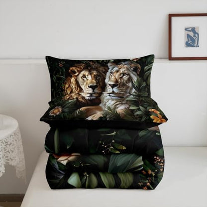 Manfei Couple Lion Kids Comforter Set King Size,Flowers Palm Leaf Tropical Plant Bedding Set,Girls Boys Room Decor,Botanical Wild Jungle Animal Quilt Comforter,Rustic Retro Duvet Insert,2 Pillowcases