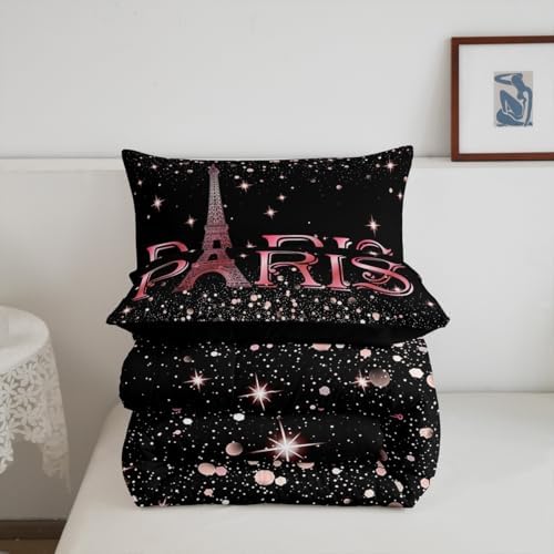 Erosebridal Eiffel Tower Comforter Set Twin Size, Paris France Duvet Sets for Kids Teens Adult Women Bedroom Decor Starry Sky Bling Bedding Set City Building Quilted Duvet with 1 Pillow Case