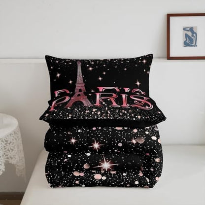 Erosebridal Eiffel Tower Comforter Set Twin Size, Paris France Duvet Sets for Kids Teens Adult Women Bedroom Decor Starry Sky Bling Bedding Set City Building Quilted Duvet with 1 Pillow Case