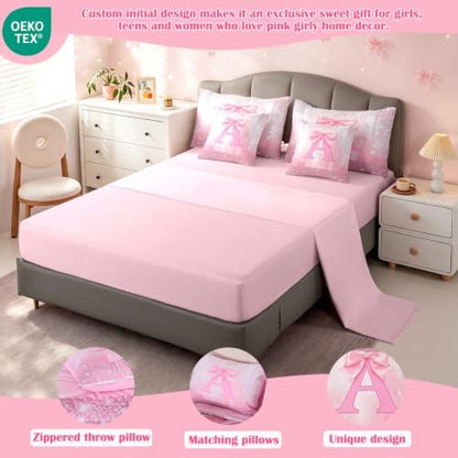 Feelyou Kids Pink Bowknot Bed in A Bag Full Size, Personalized Initial A Comforter Set with Sheets Princess Glitter 7 Pieces Bedding Set Boys Girls Bow Alphabet Teens Bed Set Bedroom Decor 7Pcs