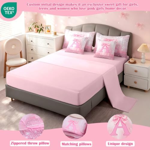 Feelyou Kids Pink Bowknot Bed in A Bag Twin Size, Personalized Initial A Comforter Set with Sheets Princess Glitter 7 Pieces Bedding Set Boys Girls Bow Alphabet Teens Bed Set Bedroom Decor 7Pcs