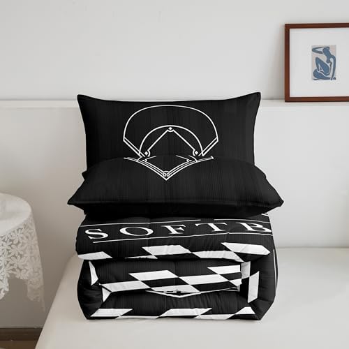 Erosebridal Kids Softball Comforter King for Boys Girls Ball Sports Bedding Set, Black White Softball Field Down Comforter Grid Checkered Bed Set, Ball Game Quilted Duvet