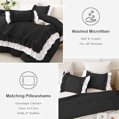 Masaca Ruffled Queen Comforter Set,Farmhouse Shabby Boho Chic Bedding Black and White Ruffle Comforter 3PCS Vintage Rustic French Country Elegant Bedding Set Ultra Soft