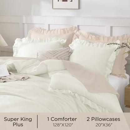 Andency Oversized King Comforter Set, 3 Pcs Ivory Ruffle Chic Bedding Set