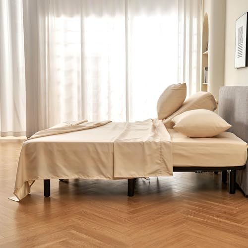 Kingnex 32-34 Split Top King Sheets Sets for Adjustable Bed Soft Double Brushed Microfiber 4 Pieces Include 1 Partial Flex Head King Fitted Sheet 1 Flat Sheet 2 King Size Pillowcase Beige