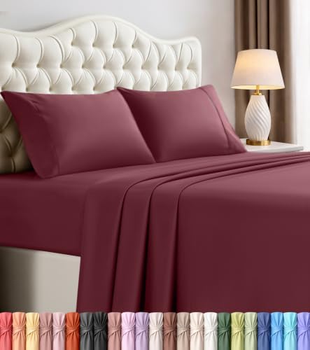 Full Sheets Set, 4 Pieces 16" Deep Pocket Hotel Luxury Bed Sheets, Burgundy