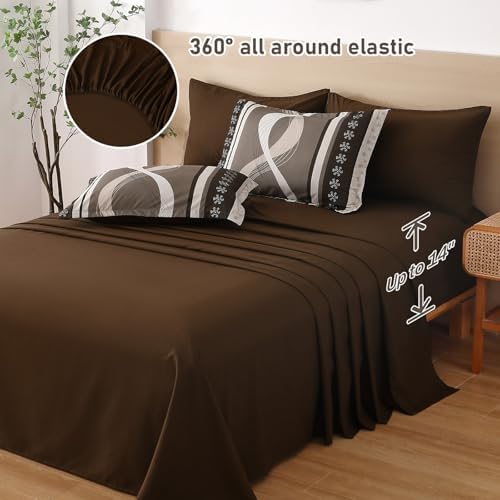 Anibedding Brown Comforter Set Queen Size,Patchwork Striped Bed in a Bag