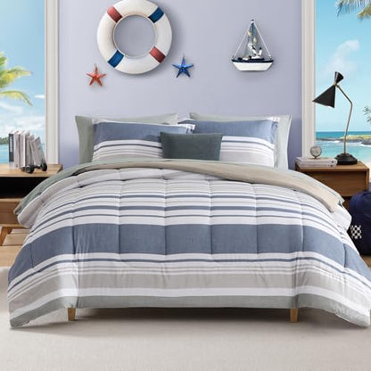 Queen Comforter Set Coastal Striped Sea Blue 7 Pieces Bed in a Bag