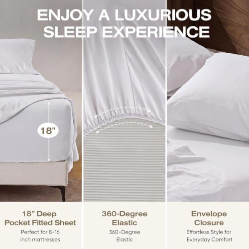 100% Pure Linen Blend 4 Piece Sheet Set, Cooling and Breathable Flax Bed Sheets for Hot Sleepers, All Season Comfort, Anti-Tear and Durable Bedding, 18 Inch Deep Pocket(White,Queen)