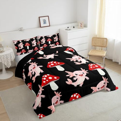 Erosebridal Cute Mushroom Down Comforter King Kawaii Coastal Axolotl Bedding Set for Kids Girls Women Pink Axolotl Red Mushrooms Comforter Set Fish Botanical Plant Bedding Quilted 3 Pcs