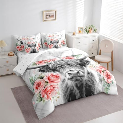 Erosebridal Highland Cow Flower Full Comforter Set with Sheets 7 Piece Rose Grey Marble Bed in A Bag Western Funny Animal Bedding Sets for Kids Boys,Wildlife Farmhouse Cattle Bed Set