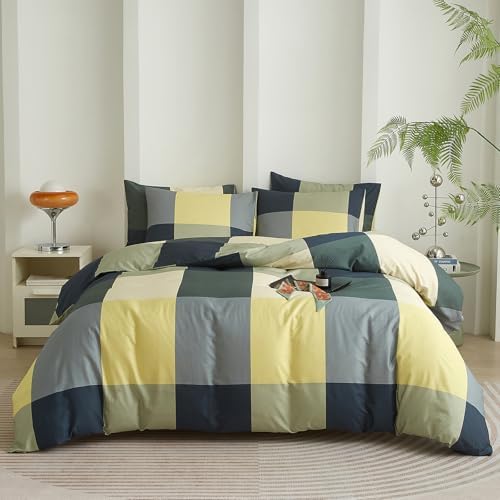 mixinni King Comforter Set Men Boys Geometric Checkered Plaid Printed Bedding Comforter for All Season Soft Lightweight Bedding Set-(King Size, Green,Yellow,Khaki)