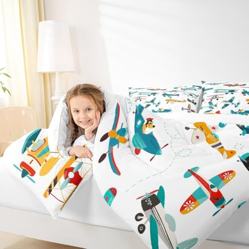 Cute Airplane Comforter Set Queen Size Kids Boys Cartoon Plane Bedding Set 3pcs Colorful Aviation Aircraft Quilted Duvet Graffiti Star Lines White Duvet Insert Teens Bedroom Decor,2 Pillowcases