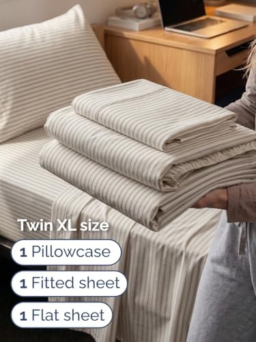 Extra Deep Twin XL Sheet Set - 3 Piece College Dorm Room - Beige Stripes
