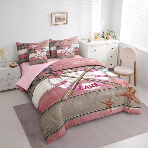 Erosebridal Lake Life Bedding Set for Kids Teens,Summer Boat Paddle Comforter Set Twin Size,Crab Starfish (Comforter+Fitted+Flat Sheet+2 Pillowcases+2 Throw Pillow Covers) 7 Pieces Bed Set