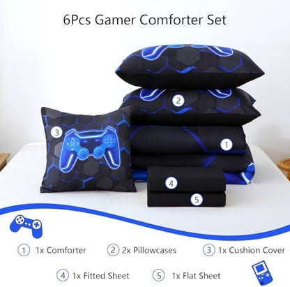 6 Pieces Boys Full Size Bedding Set Blue Gaming Comforter Set with Sheets 3D Honeycomb Gamer Bed in A Bag Game Console Printed Kids Bed Sets for Teen Boy (Black Blue, Full)