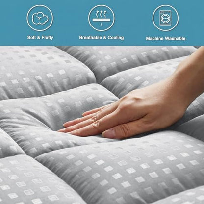 HYLEORY California King Mattress Pad Quilted Fitted Mattress Protector Cooling Pillow Top Mattress Cover Breathable Fluffy Soft Mattress Topper with 8-21" Deep Pocket, Light Grey