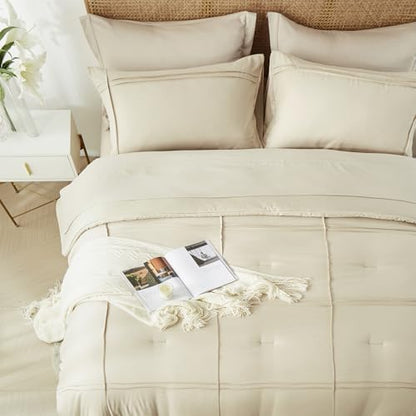 Yogeneg Twin Comforter Set 5 Piece Bed in a Bag,Grid Pinch Pleat Beige Twin Bedding Set,Striped Textured Soft Microfiber Comforter with Sheet Set,All Season Complete Bed Set(Beige,Twin)