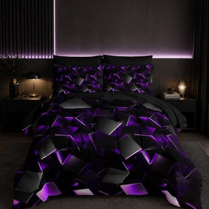 Nttopship Purple and Black Geometric Comforter Set Full Size 7PCS,Abstract Triangular Printed Bedding Set for Adults,Geometric Mordern Art Decor All Seasons with Pillowcases,Flat, Fitted Sheet