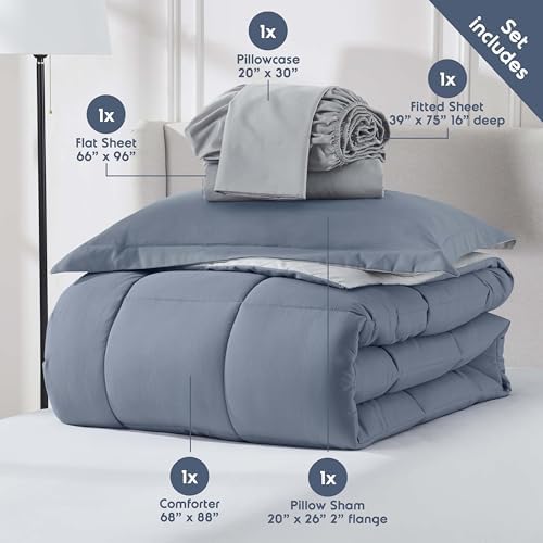 Nestl 7 Piece Twin Comforter Set – Stone Blue Reversible Bed in a Bag – Complete Twin Size Bedding Set with Sheets, Set of 2 Down Alternative Pillows, Pillowcase and Sham
