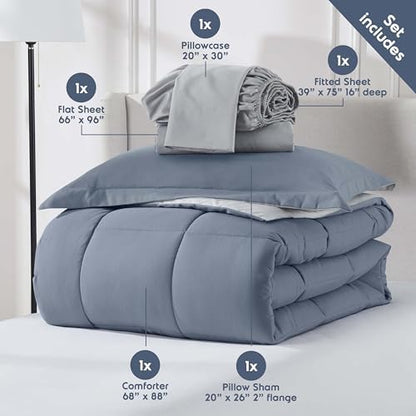 Nestl 7 Piece Twin Comforter Set – Stone Blue Reversible Bed in a Bag – Complete Twin Size Bedding Set with Sheets, Set of 2 Down Alternative Pillows, Pillowcase and Sham