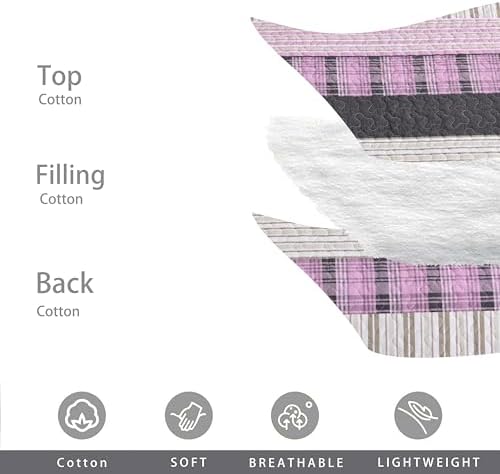 Homzard 100% Cotton King Quilt Bedding Set, Pink Black Striped Plaid King Size Quilt，Lightweight Breathable Vintage Bedspread Set,Reversible Comforter Coverlet Four Season 3 Pieces Bed Set