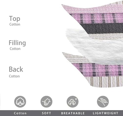 Homzard 100% Cotton King Quilt Bedding Set, Pink Black Striped Plaid King Size Quilt，Lightweight Breathable Vintage Bedspread Set,Reversible Comforter Coverlet Four Season 3 Pieces Bed Set