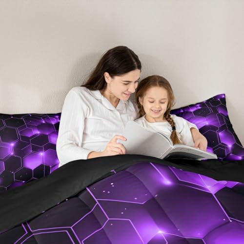 Feelyou Geometrics Honeycomb Comforter Set Full Size, Purple Black Beehive Hexagon Comforter for Kids Toddler Geometrical Bedding Set Hexagonal Geometrical Duvet Set Durable Quilt Set Full Size