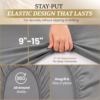 Twin XL Cotton Knit Jersey Sheet Set, 15" Deep Pocket, Light Grey, 3Pc