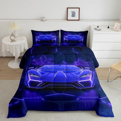 Feelyou Boys Sports Car Bedding Set Full Size,Blue Black Race Car Comforter Set,Boys Bedroom Room Decor,Geometric Hexagon Racing Car Comforter,Cool Speed Luxury Car Decor Bed Set for All Season