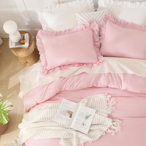 Andency Oversized King Comforter Set, 3 Pcs Pink Ruffle Chic Bedding Set