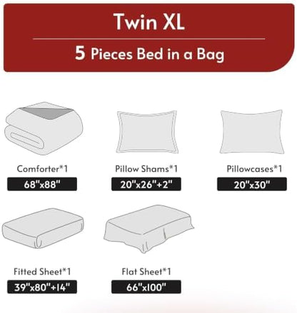 MUXHOMO 5 Pieces Twin XL Comforter Set, Reversible Bed in a Bag Twin XL Size, All Season Bedding Set with Comforter, Flat Sheet, Fitted Sheet, Pillowcases & Shams, Pink & Light Grey