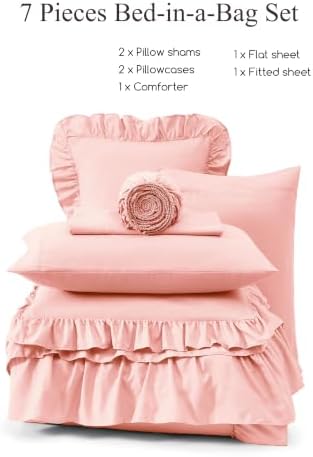Queen Comforter Set Rosewater Ruffle 7 Pieces Farmhouse Bed in a Bag