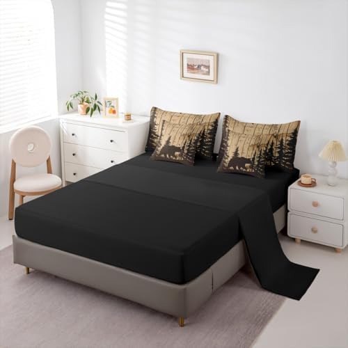 Erosebridal Rustic Cabin Bed in A Bag 7 Pcs Farmhouse Bear Comforter Set for Kids Boys Girls Vintage Brown Wooden Board Bedding Sets Twin Pine Tree Animal Silhouette Print Sheet Set with Comforter
