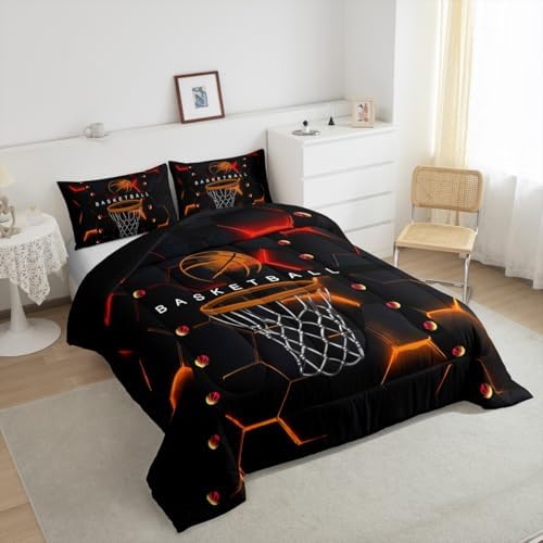 Sports Basketball Children Comforter Set,Geometric Bedding Set for Kids Boys,Adults Soft Red Yellow Black Comforter,Teens Basketball Hexagon Quilted Duvet Set Bedroom Collection King Size 3Pcs