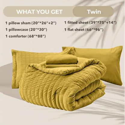 HYMOKEGE Mustard Yellow Twin Comforter Set Seersucker 5 Pieces, All Season Luxury Bed in a Bag for Bedroom, Bedding Set with Comforter, Sheets, Pillowcase & Sham