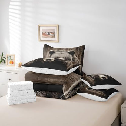 Erosebridal 3D Grizzly Bear Twin Bedding Set 7 Piece Vintage Brown Bear Comforter Set Rustic Hunting Animal Bed in a Bag Rural Wooden Board Quilt with Flat Fitted Sheet Western Cabin Bedroom Decor